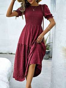 Vestido largo elegante de mujer con cuello redondo, mangas cortas abullonadas, plisado y casual de verano - Burdeos - Ver 5
