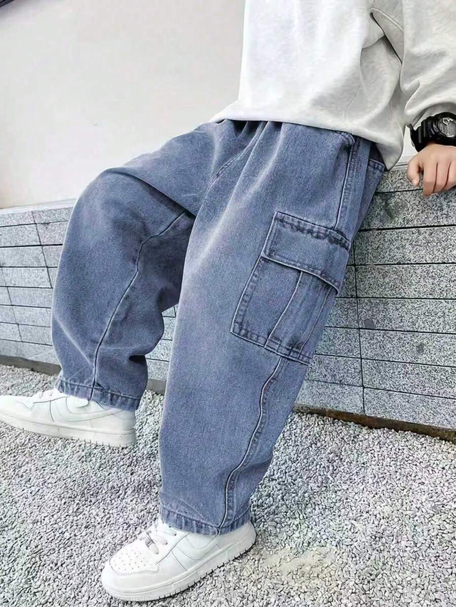 直筒休閒牛仔褲,適合幼兒,街頭風 - 藍色 - 查看 1