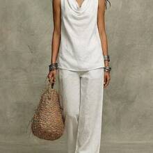 Women's Sleeveless Cowl Neck Top & Wide Leg Pants Set, Chic Casual Two-Piece Boho Summer Outfit - trắng - Xem 1