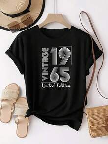 Mujeres edición limitada 1965 Vintage impresión camiseta - Retro 50 + años de diseño, cuello redondo suave camiseta casual adecuado para el traje casual y eventos temáticos, máquina lavable cómodo Top - Negro - Ver 2
