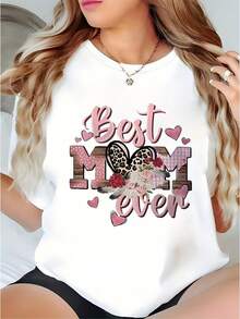 Camiseta corta de cuello redondo de las mujeres de verano | Mejor patrón del día de la madre de la madre, suave y cómodo, casuaersatile, hine lavable, adecuado como regalo para hermanas, cómodo ajuste suelto - Blanco - Ver 2