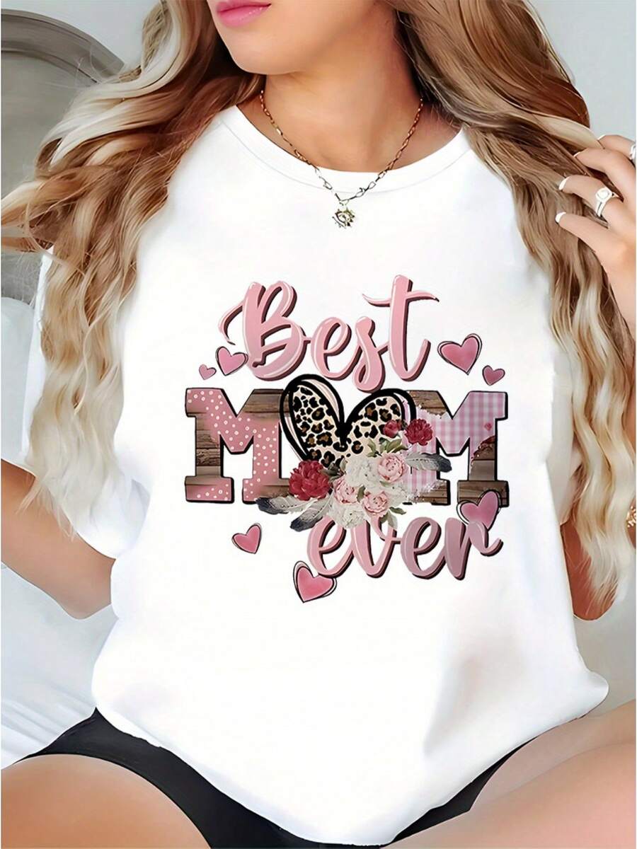 Camiseta corta de cuello redondo de las mujeres de verano | Mejor patrón del día de la madre de la madre, suave y cómodo, casuaersatile, hine lavable, adecuado como regalo para hermanas, cómodo ajuste suelto