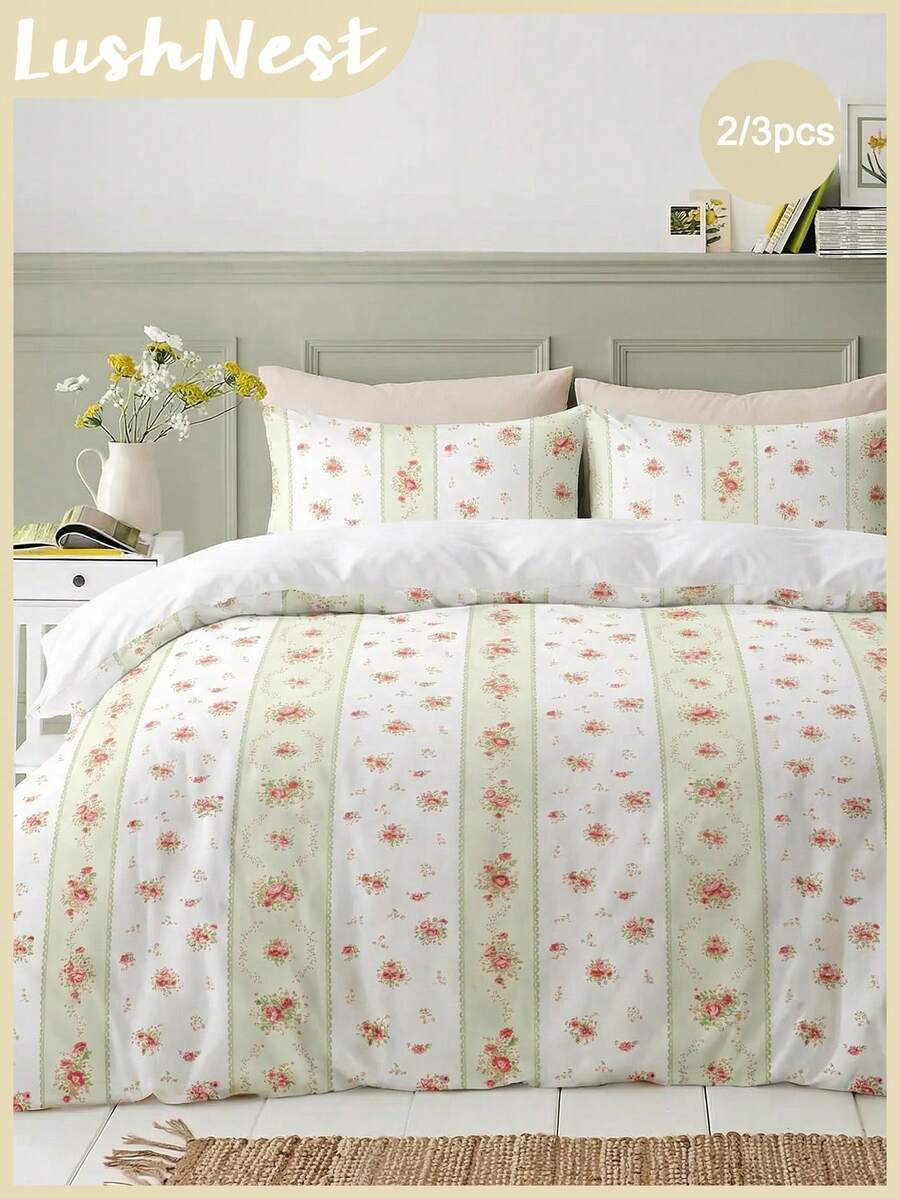 Bộ 2/3 món màu xanh lá cây họa tiết sọc dọc cổ điển, viền xếp ly, in kỹ thuật số (1 vỏ chăn + 2 vỏ gối, không bao gồm ruột chăn), chất liệu polyester mềm mại và thân thiện với da, phù hợp cho phòng ngủ chính, phòng khách và phòng ngủ phụ, sử dụng được cả bốn mùa. - Nhiều màu - Xem 1