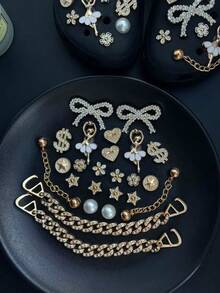 24pcs Luxury Rhinestone Metal Hollow Shoe Charms, Bowknot Star Chain Shoe Clips DIY Accessories - Gold - View 4