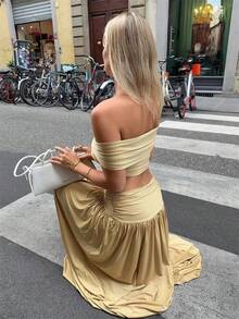 Twist Front Off-Shoulder Two-Piece Set, Ruched Crop Top With Flowy Maxi Skirt, Chic Style For Summer Outings, Sunset Parties And Coastal Getaways - 土豪金 - 查看 5