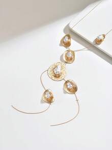 1pc Women's Bohemian Vacation Style Hammered Gold Baroque Pearl Y-Shaped Long Necklace, Snake Bone Chain Design, Dramatic Attention-Grabbing Necklace For Beach Party - Golden Yellow+White - View 5