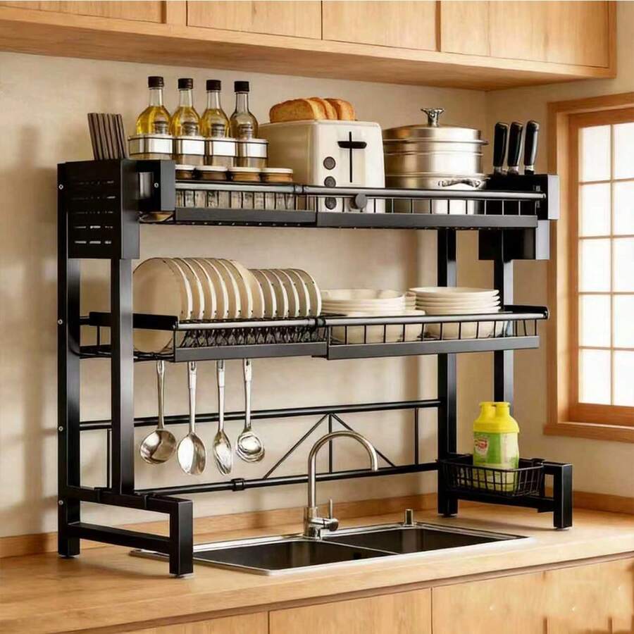 Expandable Metal Sink Dish Rack, 3-Tier Metal Vertical Shelf With Utensil Holder And Drip Tray, Kitchen Countertop Storage Rack, Multi-Functional Mantel Shelf - Multicolor - View 1