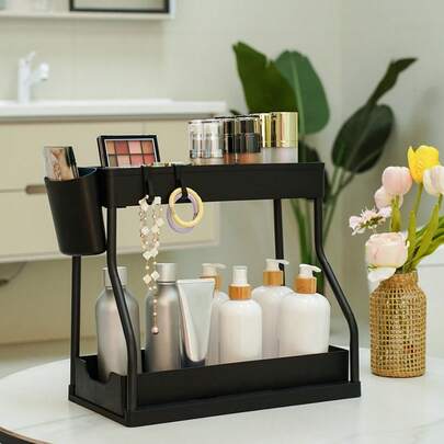 Tủ đựng đồ dưới bồn rửa bằng nhựa hai lớp có ngăn kéo trượt - Giải pháp lưu trữ đa chức năng cho nhà bếp và phòng tắm, màu đen.