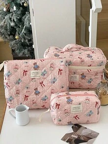 1件套红色蝴蝶结小熊化妆包，拉链化妆包，可收纳护肤品、化妆品、润唇膏、防晒霜、护手霜、耳机、零钱及其他小物件，可爱化妆包，日常通勤、旅行、宿舍必备，适合作为礼物送给朋友、生日、伴娘、母亲节、教师节等。 - 粉色 - 查看 5