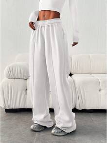 Women's Casual Loose Solid Color Elastic Waist Sweatpants With Pockets White Winter - White - View 5
