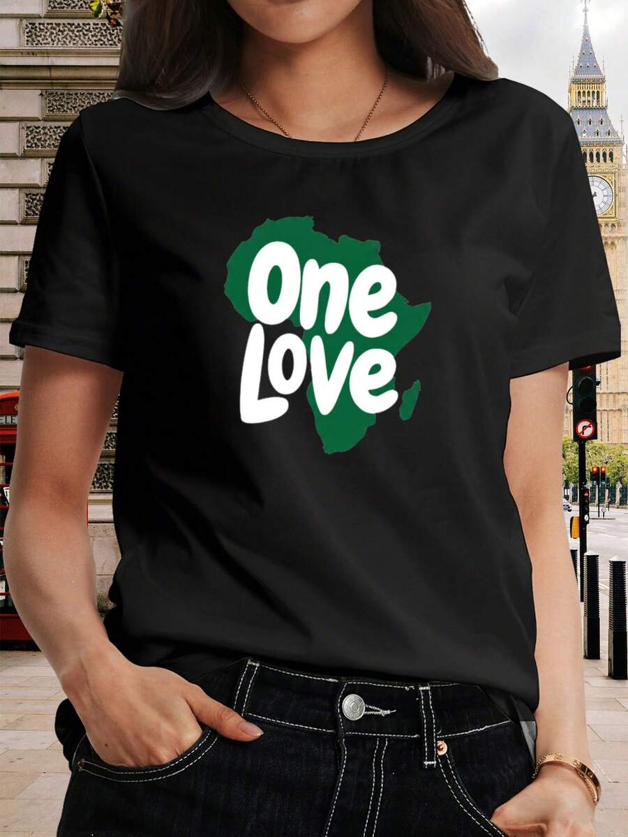Women's Letter Print Crew Neck T-Shirt | Casual Short Sleeve Top, Suitable For Spring And Summer, Stylish For Commuting, Vacation And Everyday Wear, Easy For Holidays And Vacations In Llaya, Opaque Fabric, Soft Texture, Machine Washable - 黑色 - 查看 1