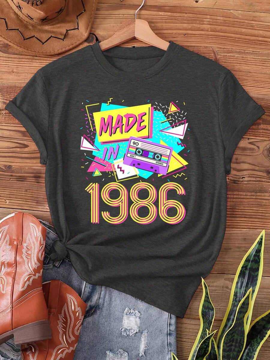 Women's Vintage 1986 Graphic 80s T-Shirt - 40th Birthday Retro Top With Magenta Print, Short Sleeve Crew Neck Casual Summer Spring Tee For 40th Birthday - 黑色 - 查看 1