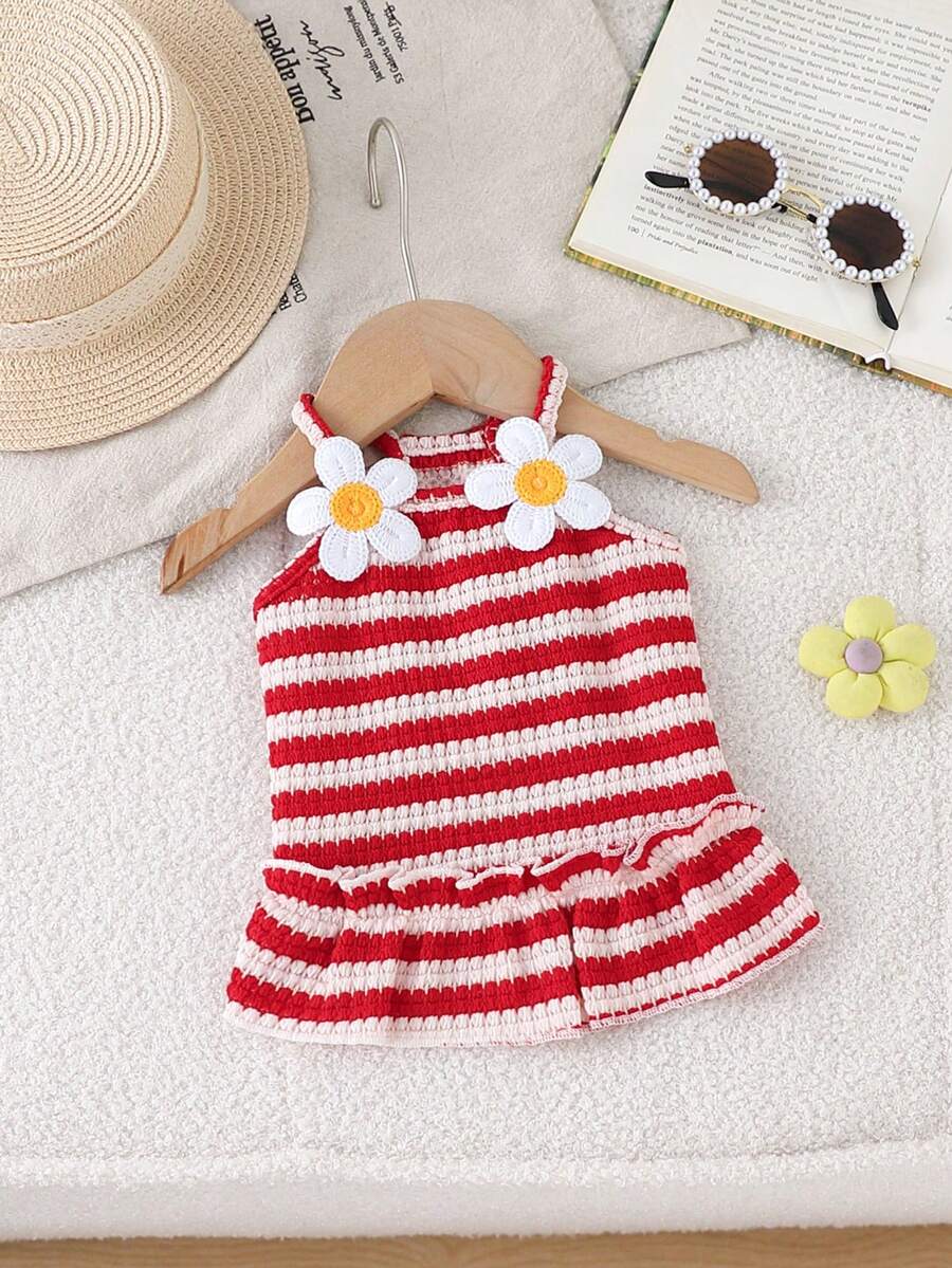 Red & White Striped Suspender Dress, 3D Daisy Decor Ruffle Hem Dress, Suitable For Cats & Dogs Summer Outing & Vacation - Red - View 1