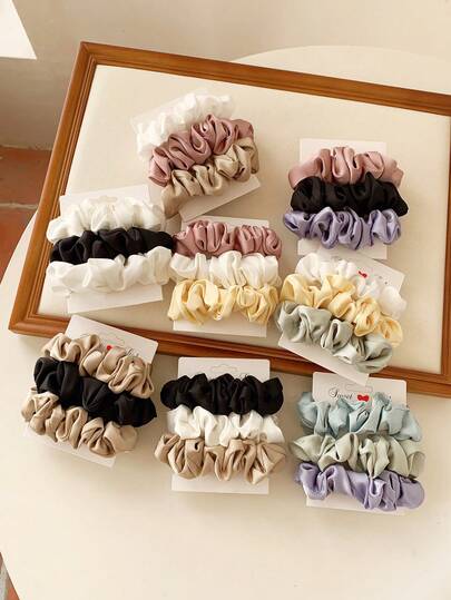 Bộ 3 chiếc dây buộc tóc satin mềm mại, màu trơn, xếp ly, kiểu dáng Hàn Quốc, độ đàn hồi cao, không gây hư tổn tóc, phụ kiện tóc tối giản, đa năng.