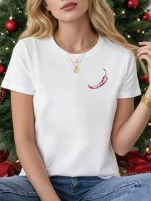 - - Camiseta corta blanca de cuello Sve con estampado de pimienta chile de gran tamaño | Estilo casual, ajuste confortable, lavable, diseño de moda, tela suave, versátil para el uso diario - Blanco - Ver 2