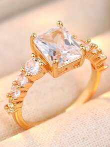 Nhẫn đính hôn thanh lịch dành cho nữ, đính đá Cubic Zirconia tổng hợp cỡ lớn, nhẹ nhàng và sang trọng, món quà tinh tế. - Vàng - Xem 12