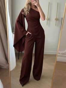 Elegaris Women's Elegant Red-Brown Asymmetric Shoulder Ruched Sleeve Top And Wide Leg Pants 2-Piece Set, Fashionable And Casual - Brown - View 6