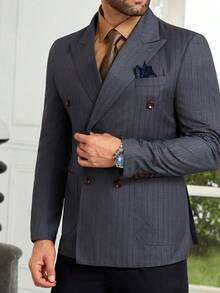Men's Slim Fit Dark Grey TR Fabric Peak Lapel Double-Breasted Formal Suit Jacket, Suitable For Business, Banquet, Cocktail Party - Dark Grey - View 10