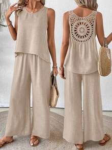 Conjunto de top sin mangas y pantalones de pierna ancha con parte posterior de malla de encaje para mujer, color albaricoque, para primavera/verano - Caqui 3 - Ver 1