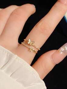Set de 5 anillos ajustables con diseño de mariposa elegante y de lujo con circonita cúbica, adecuado para uso casual, de fiesta y vacaciones (sin caja de regalo) - Amarillo Oro - Ver 6