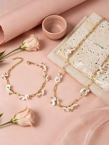 YUZENG Bộ trang sức mạ vàng 18K gồm dây chuyền và vòng tay ngọc trai hình cánh hoa Baroque, kiểu Pháp tinh tế, không gây dị ứng, thích hợp đeo hàng ngày. - Dây chuyền và vòng tay hình cánh hoa - Xem 6