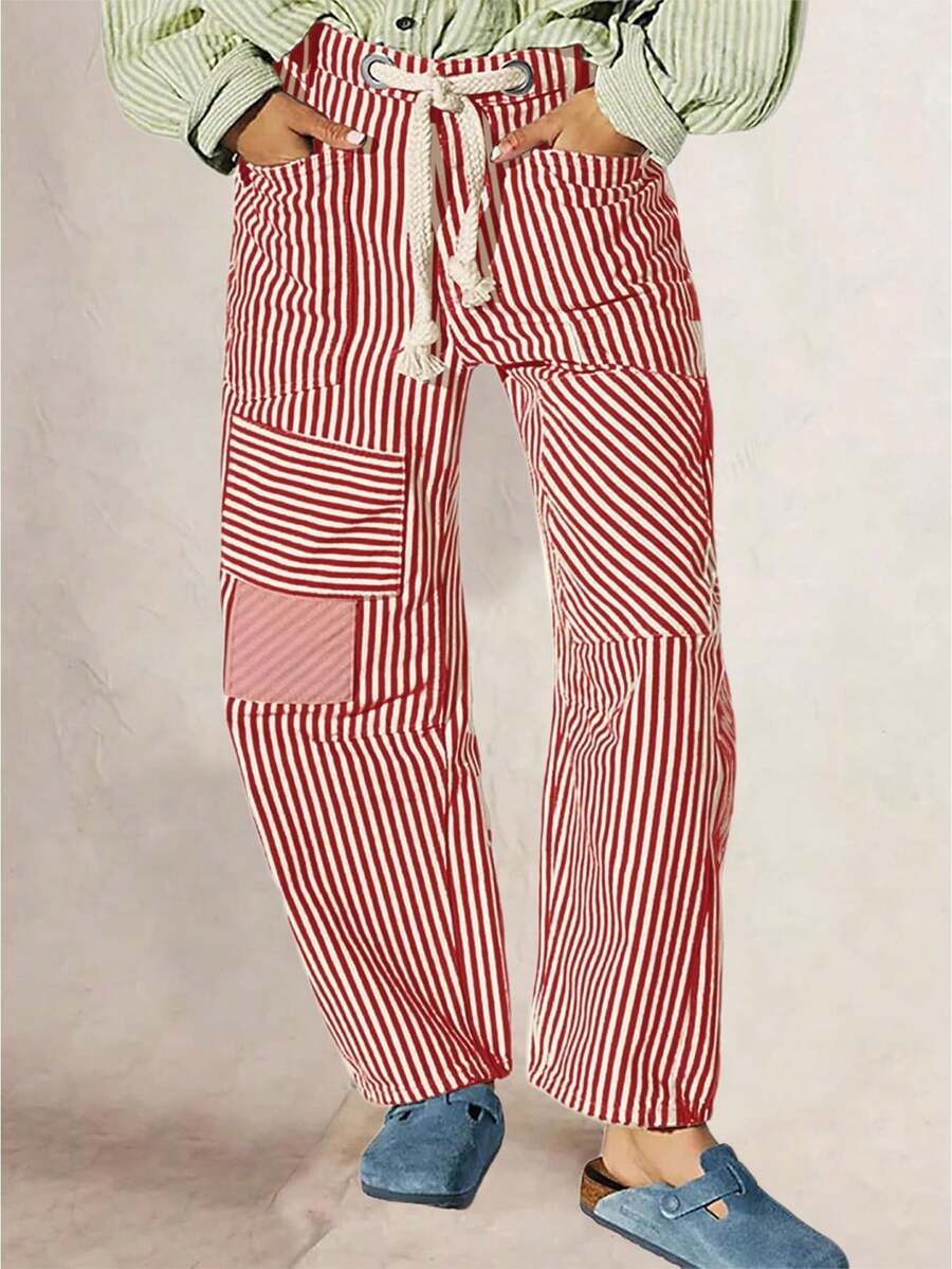 Women Striped Pants, Elastic Waist Drawstring Patchwork Wide Leg Pants Loose Trousers with Pockets - Burdeos - Ver 1