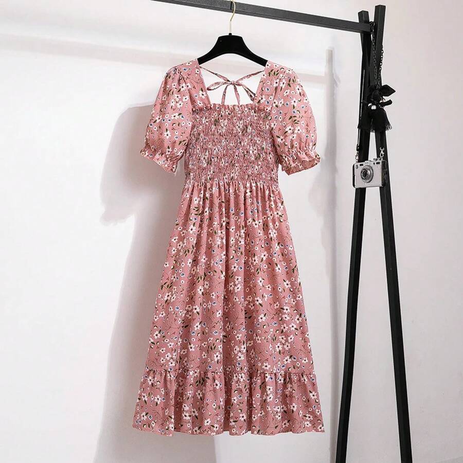 Primavera Verano Vestidos de gasa moda femenina cintura elástica manga corta plisado vestido Casual mujeres A-line Vestidos - apertura - Ver 1