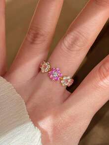 1pc Fashionable Luxury Elegant Cubic Zirconia Flower Open Ring, Suitable For Women's Daily Wear - Gold - View 2
