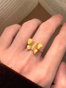 1 pieza Anillo abierto de mariposa con circonita cúbica retro, elegante y lujoso, adecuado para el uso diario de las mujeres - Dorado - Ver 6