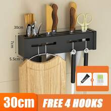 Soporte de pared para cuchillos de acero inoxidable, organizador de utensilios sin taladro, estante de almacenamiento de cocina para ahorrar espacio en la encimera - 30 cm - Negro - Ver 2