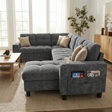 PERLECARE 85'' - 110" Sectional Sleeper Sofa With Pull Out Bed, 7 Seat Modular Sectional Sofa With Storage,  Cup Holders, Sectional Couches For Living Room, Modern Chenille Cloud Couch, Dark Gray - 淺灰色 - 查看 9
