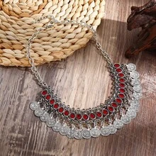 1pc Vintage Luxury Bohemian Silver Coin & Red Rhinestone Choker,Pendant Statement Necklace, Women's Party & Festival Wear - 銀色 - 查看 2