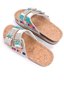 roulvxiang Giày sandal đế xuồng đính kim sa hình thoi kiểu dáng thường ngày dành cho nữ, thích hợp mang ở nhà, đi nghỉ mát và hoạt động ngoài trời. - trắng - Xem 6
