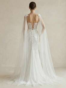 Patchwork Party Zipper Mesh Rhinestone Decor Elegant Solid Color Wedding Dress - White - View 2