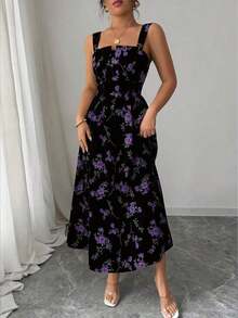 Vestido largo elegante con pliegues y recogido en la cintura con estampado floral, para la última temporada de primavera/verano para mujeres - Negro 2 - Ver 10