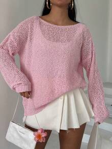 Blusa de manga dolman de cuello redondo de unicolor para vacaciones - Rosa - Ver 2