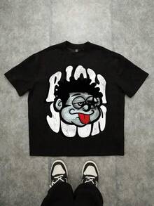 Streetwear Vintage T-Shirt With A Funny Face And Red Text Print, Relaxed Fit, With Dropped Shoulders (Material), Classic Unisex Graphic T-Shirt, Perfect For Everyday Wear, Casual Cotton T-Shirt, Soft, Lightweight And Comfortable For Everyday Use, Stylish Casual Design, Ideal For Men And Women, Crew Neck T-Shirt, Fitness Top, Going-Out Top, Outdoor Wear, Vacation, Graduation, Fitted Slogan T-Shirt, Quote T-Shirt, Minimalist Graphic T-Shirt, Funny Graphic T-Shirt, Beach Party, Surfing, Picnic, Gift, Airport Outfit, Spring, Women's Summer Coordinating Sets, Subtle Summer Outfits, Summer Coordinating Sets, Ball Gowns, Autumn, Winter, All Seasons, Birthday Dress, Party Outfits, Rave Outfit, Women's Office Wear, Curvy, Women's Casual Outfits, Women's Fitness Wear, Stylish Resort Outfit 3ZS8 - Black - View 8