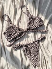 Women's Summer Vacation Swimwear Series, Red & White Plaid Bow Tie Strap Triangle Bikini Two Pieces Set, Sweet Girl Bikini Suit Beach Black - Black - View 4