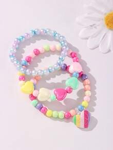 Set de 3 piezas de pulsera con colgante de corazón de colores, pulsera de cuentas multicolor, regalo de joyería para fiesta de cumpleaños de niñas, surtido de colores - Multicolor - Ver 6