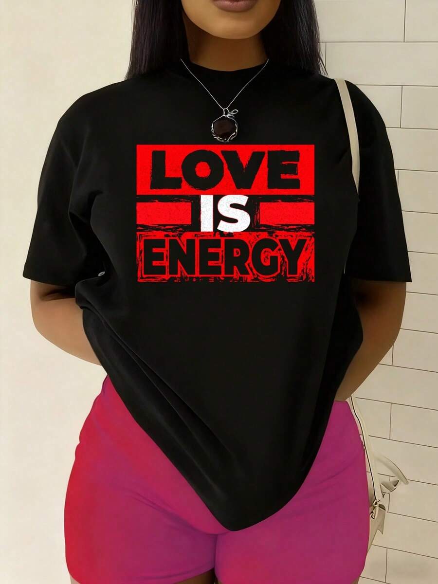 Women's Graphic T-Shirt Love Is Energy - 100% 180G Heavyweight Crew Neck Casual Short Sleeve, Red And Heart Lettering Design, Black Everyday Summer Spring Valentine's Day, Christmas And Halloween Gifts - 黑色 - 查看 1