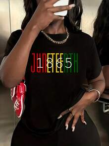 Camiseta 1865 afroamericana de la mujer Juneteenth - vibrantes colores panafricanos (rojo, amarillo, verde, ) Letras, cómodo cuello de la tulación de manga corta Top casual para las celebraciones de Juneteenth, tre casual y orgullo cultural - lavable en máquina todo el tiempo A - Negro - Ver 2
