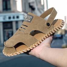 Men's Basic Faux Leather Studded Outdoor Handmade Stitched Slide Sandals, New Versatile Soft Casual Slippers - Brown - View 6