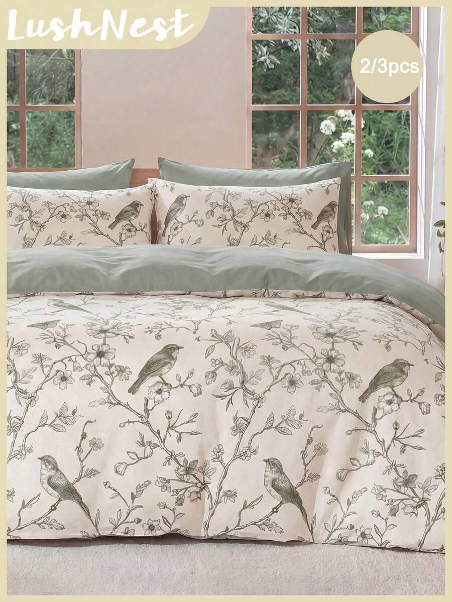 2 pièces/3 pièces Nouveau ensemble de housse de couette imprimé numérique floral, oiseau, branche et feuille (1 housse de couette + 2 taies d'oreiller, sans couette), convient pour la décoration de la chambre, l'utilisation quotidienne, en fibre de polyester, doux et agréable pour la peau, applicable à la chambre principale, à la chambre d'amis, à la chambre secondaire, etc., utilisation toutes saisons, impression à la mode, combinaison d'ensemble, mise à niveau de la chambre, renouvellement de la maison, design
