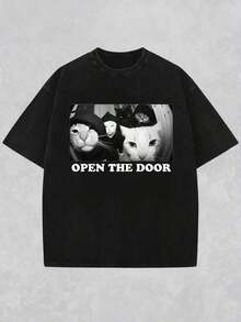 Camiseta de manga corta con estampado de eslogan de gato casual, verano-Breathable High Quality - Negro 2 - Ver 6
