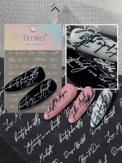 1 Sheet 3D Embossed Nail Art Stickers With Cool Minimalist White Handwritten English Phrases, Suitable For Street Style, Dark Aesthetics, Personalized Nail Art, Suitable For Subculture Enthusiasts, Baddie, Students, Nail Art DIY Beginners, And Edgy Girls