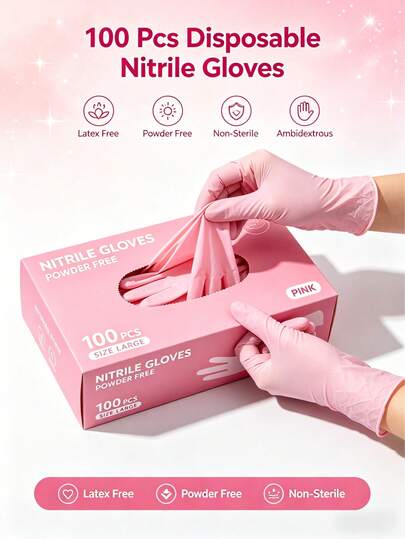 50/100只一次性丁腈手套，浅粉色，适用于多种用途，包括厨房和浴室清洁、洗碗、指甲护理、宠物美容等（无包装盒）