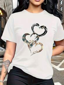 GiftGiftEmotion And Love Representative, Women's Short Sleeve T-Shirt With Metallic Heart Print, Simple Round Neck, Casual And Versatile For Leisure, Travel And Vacation. Soft. - 白色 - 查看 7
