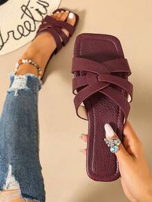 Ximi Ruo New Spring/Summer Fashion Casual Strap Slide Sandals, Comfortable Flat Heel Round Toe Slip-On Beach Slippers, Versatile Decorative Flat Sandals For Summer - Red - View 6