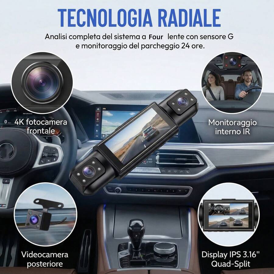 360° Full Panoramic 1080P 3+1 Lens Dash Cam, Front/Rear/Left/Right Full Coverage, Quad-Screen Display, HD Night Vision, G-Sensor, Loop Recording - Car Accessories/Dashcam/Christmas Gift/Anti-Collision Essential, 24-Hour Parking Monitoring