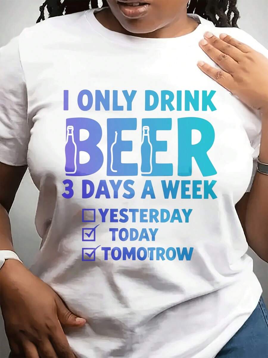 Camiseta casual de cuello redondo para mujer | Sved corto, diseño de texto divertido con tema de cerveza, adecuado para Dailpor y regalos